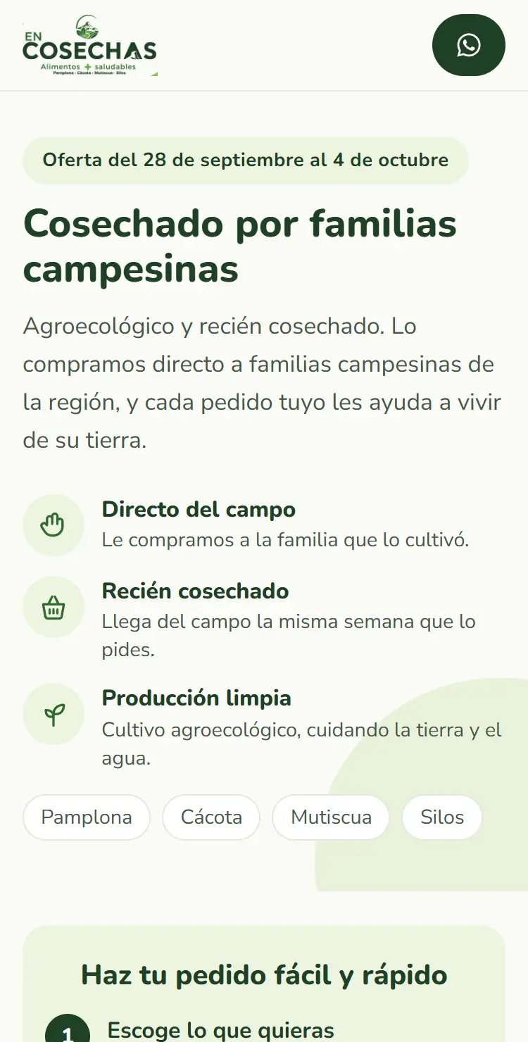 En Cosechas en un celular: «Cosechado por familias campesinas» y los pueblos donde entrega.