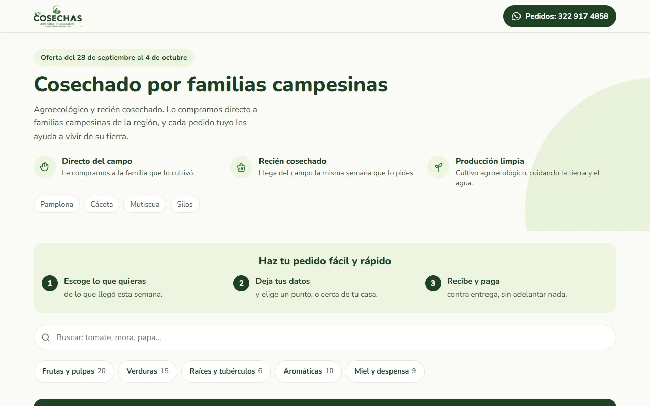 En Cosechas en un computador: portada con los pasos para pedir y las categorías de productos.