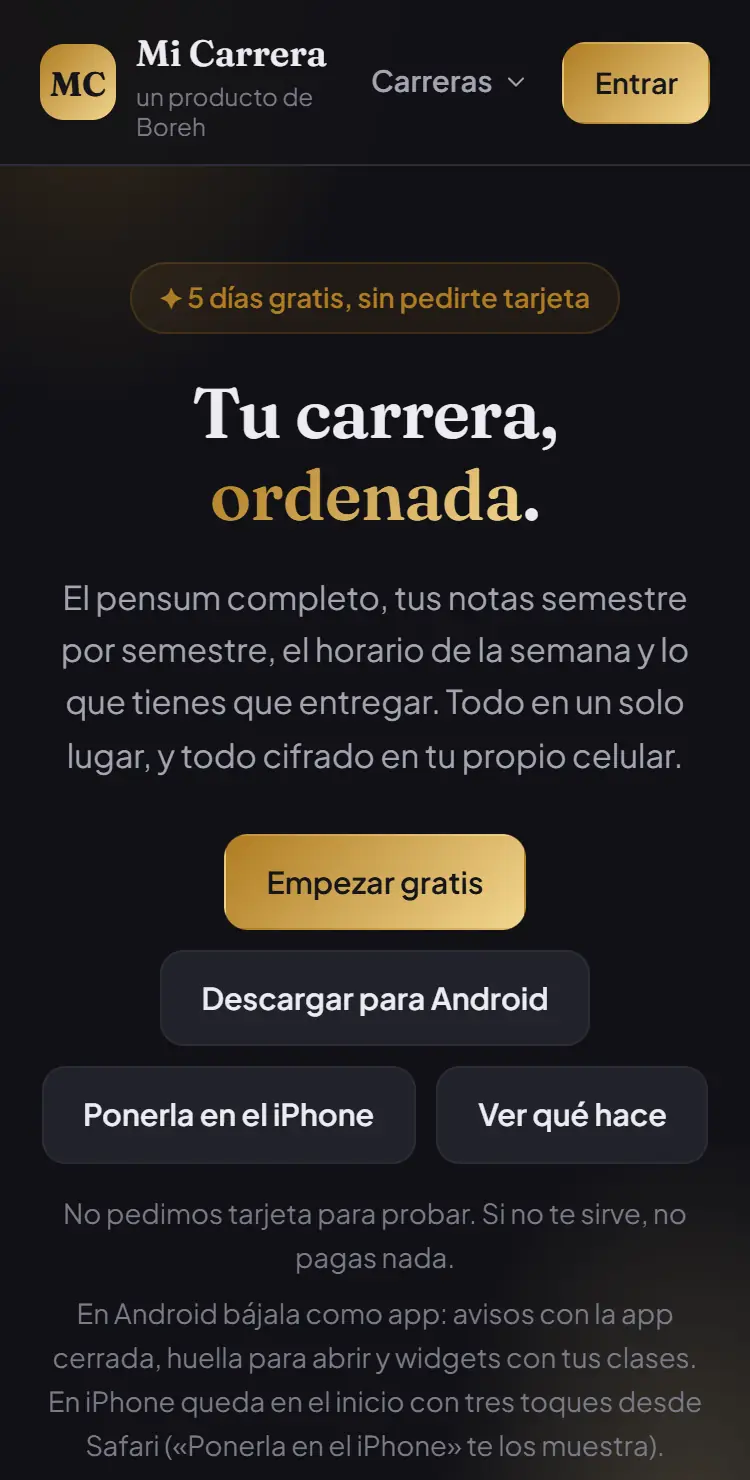 Mi Carrera en un celular: portada con el botón Empezar gratis.