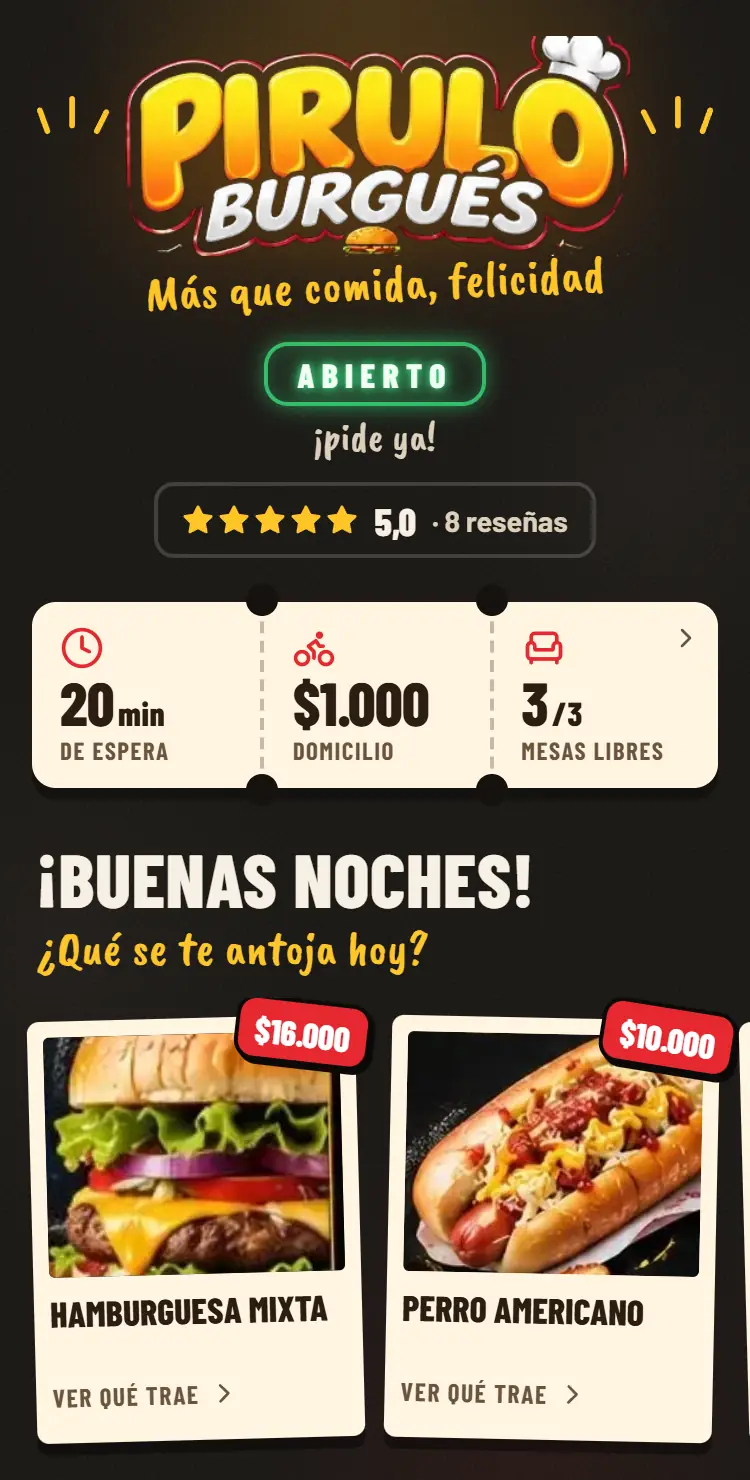 Pirulo Burgués en un celular: abierto, tiempo de espera, domicilio, mesas libres y las primeras comidas con su precio.