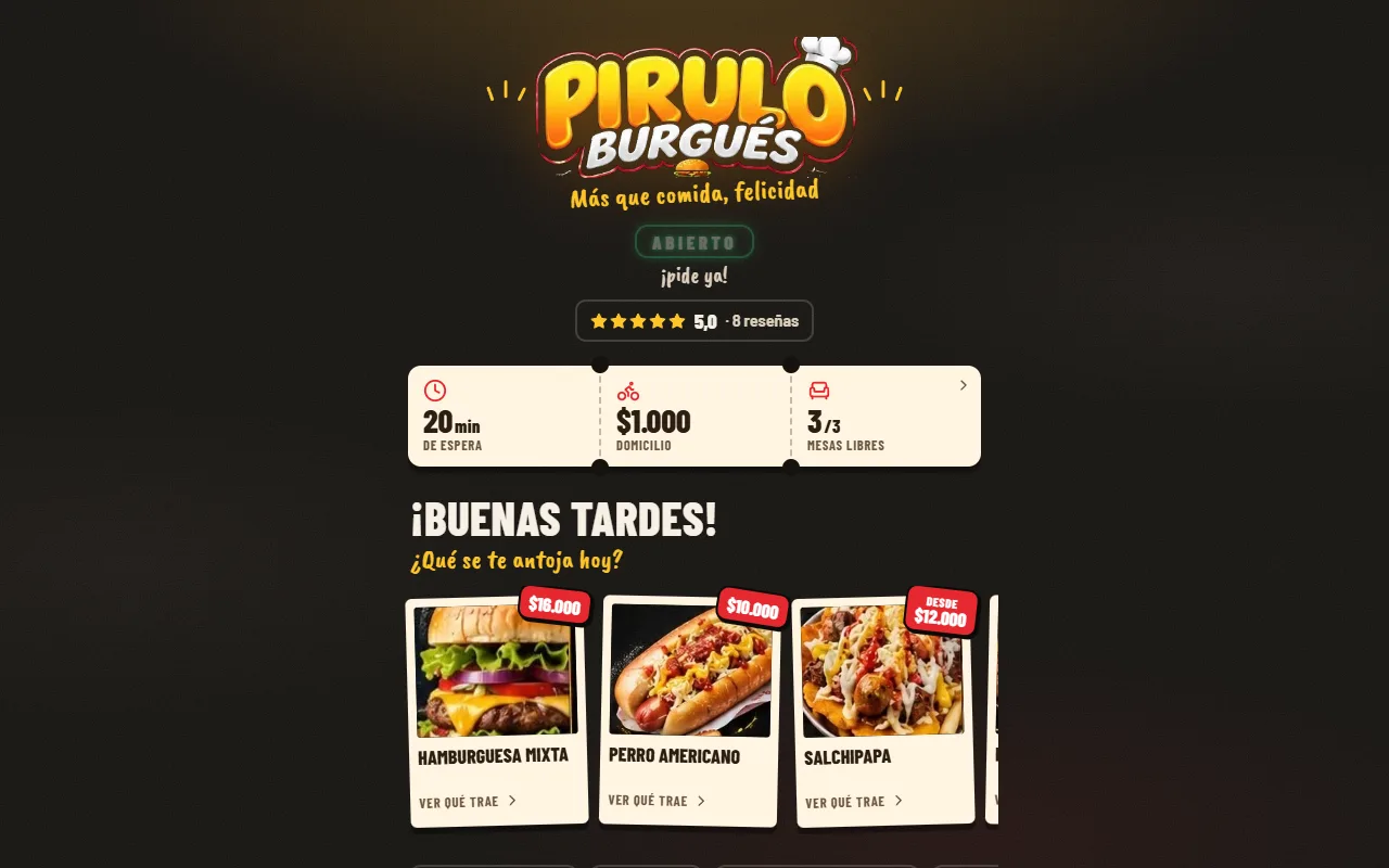 Pirulo Burgués en un computador: menú con precios, tiempo de espera, domicilio y mesas libres.